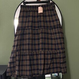 BloomChic Navy and Brown Plaid A-Line Skirt